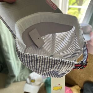 Ladies fit pin stripe seersucker blue and white hat w/ Pink America Masters Logo